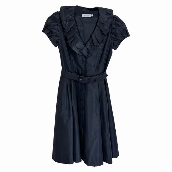 RICKI FREEMAN TERI JOHN Cocktail Dress Ruffled Collar Puff Sleeve Belted, Size 6 - Picture 1 of 16